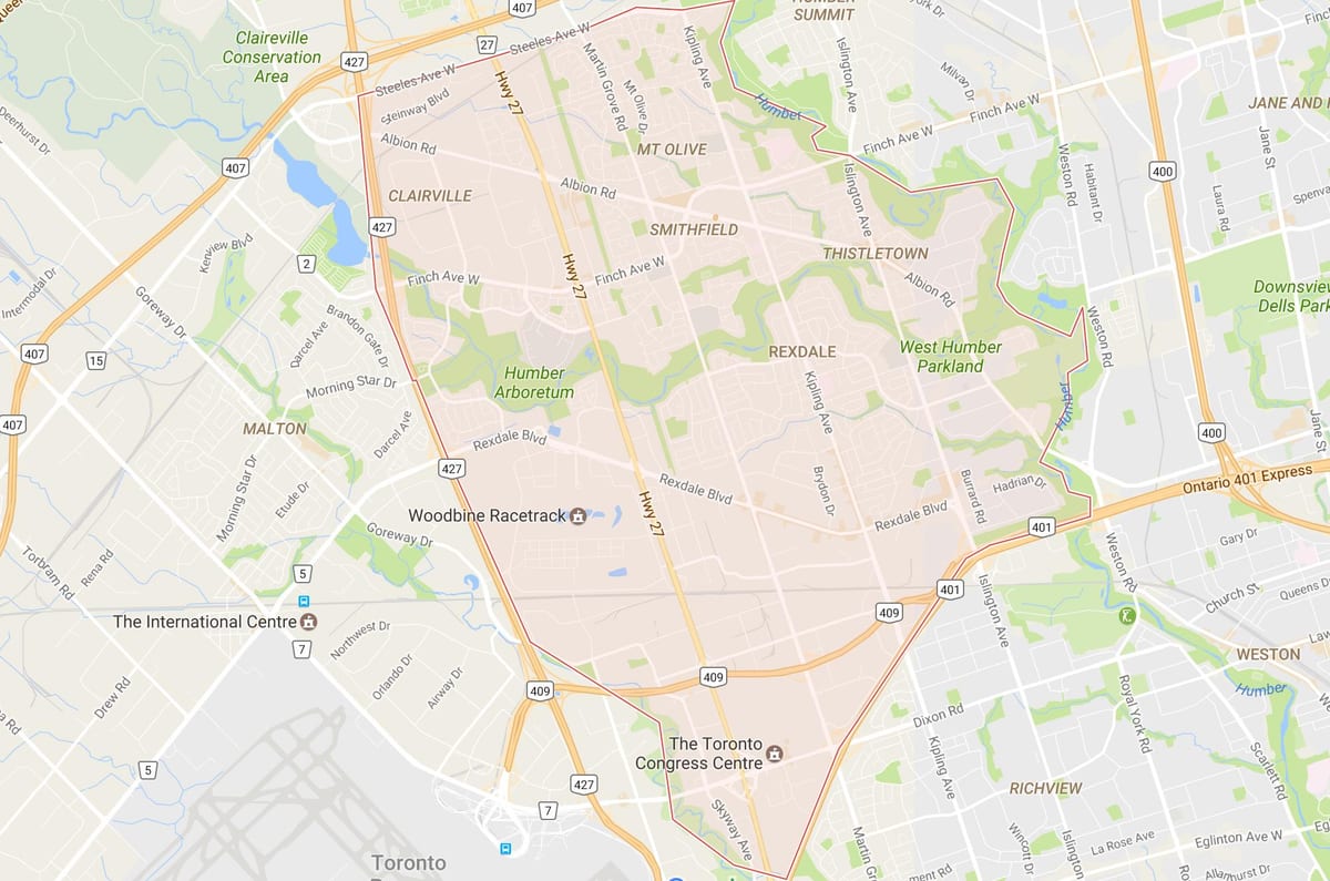 Karta Рексдэйле području Toronto