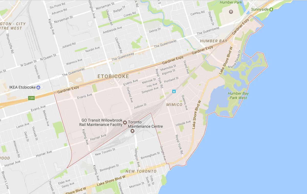 Karta Мимико području Toronto