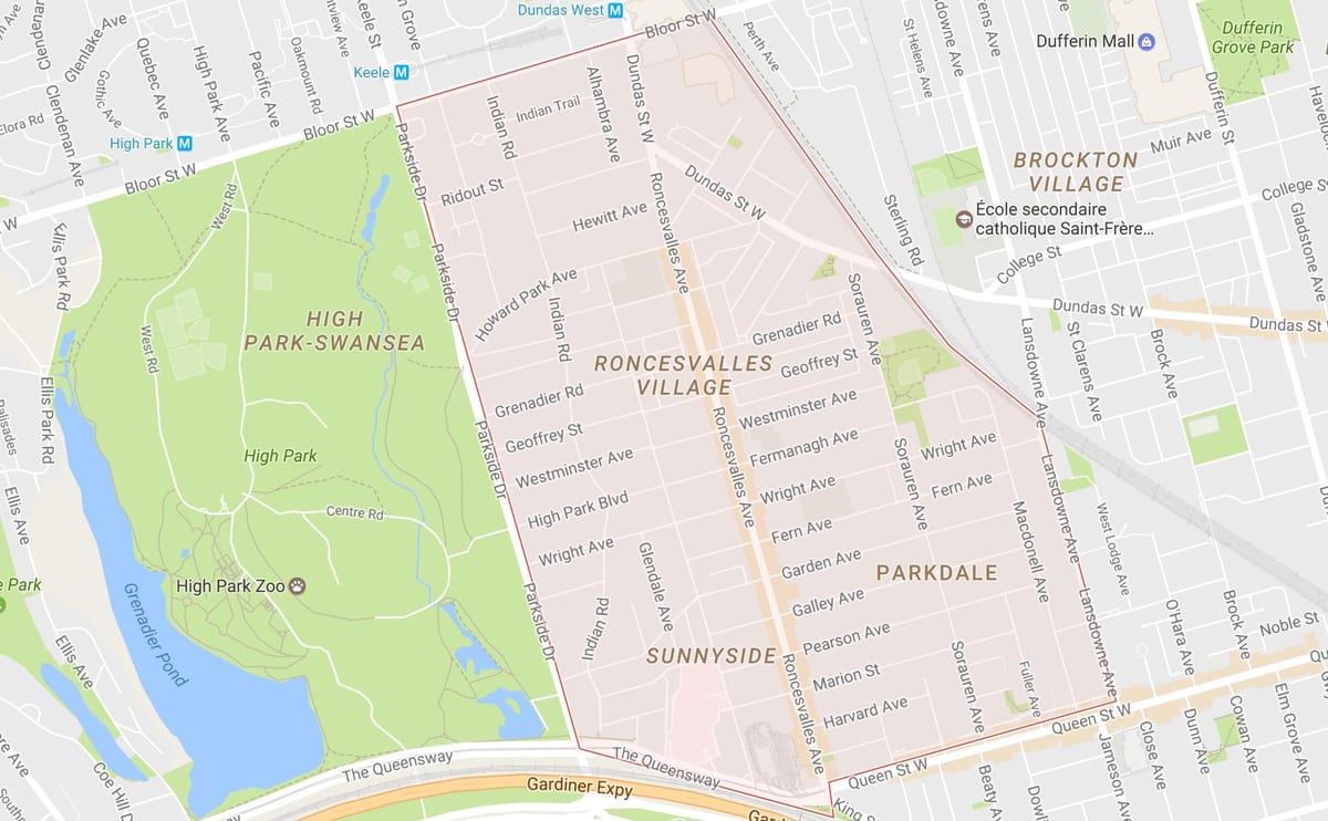 Karta Ронсесвальес području Toronto