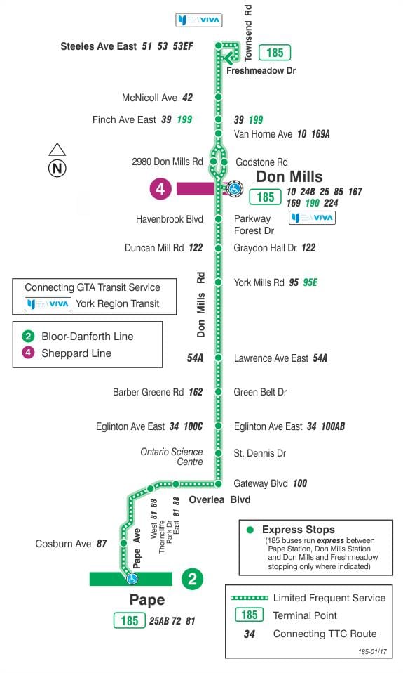 Karta TTC 185 Don Mills rakete autobusne rute Toronto