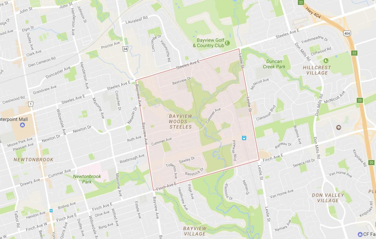 Karta Bayview-Woods – četvrti Стилс Toronto