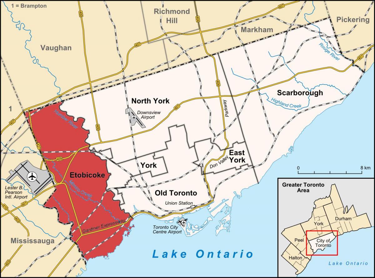 Karta okruga Toronto Этобико