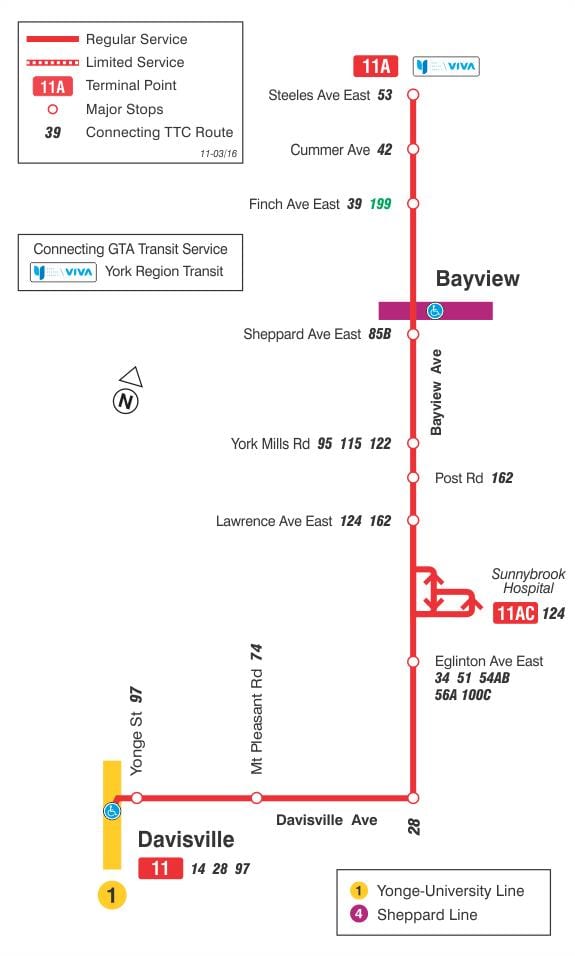 Karta TTC 11 Бэйвью autobusne rute Toronto
