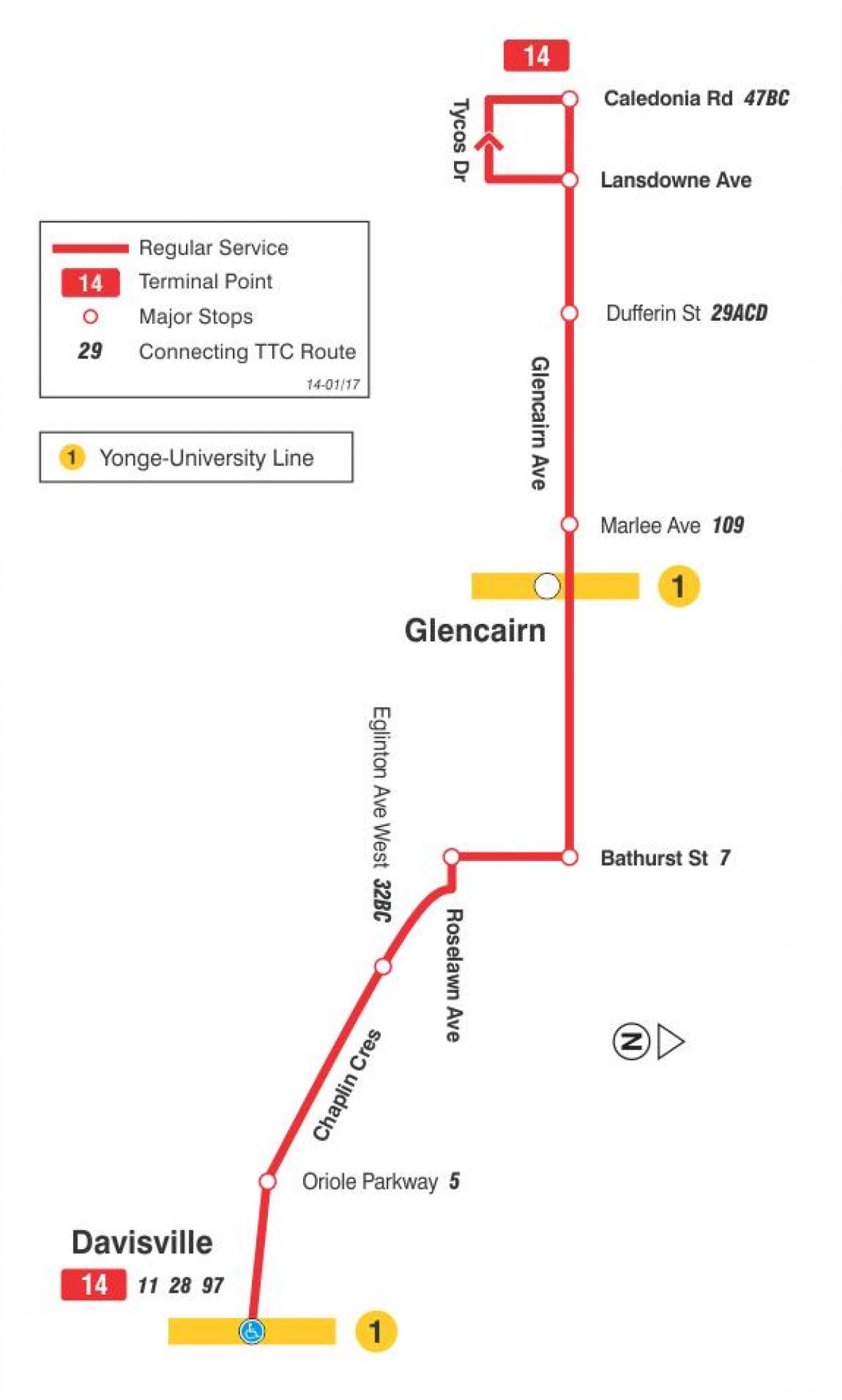 Karta TTC 14 Гленкейн autobusne rute Toronto