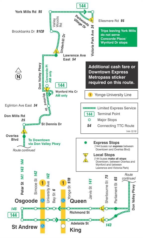 Karta TTC 144 centru / Don valley Express-autobusa na relaciji Toronto