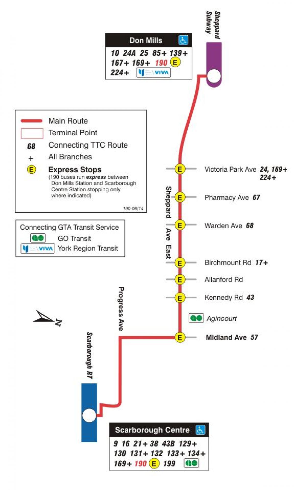 Karta TTC 190 Scarborough Centar rocket autobusne rute Toronto