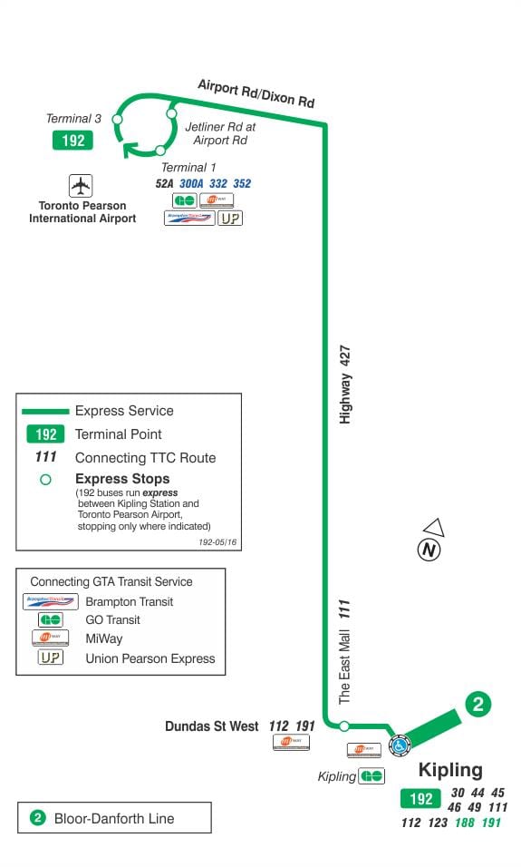 Karta TTC 192 zračna luka raketa autobusne rute Toronto