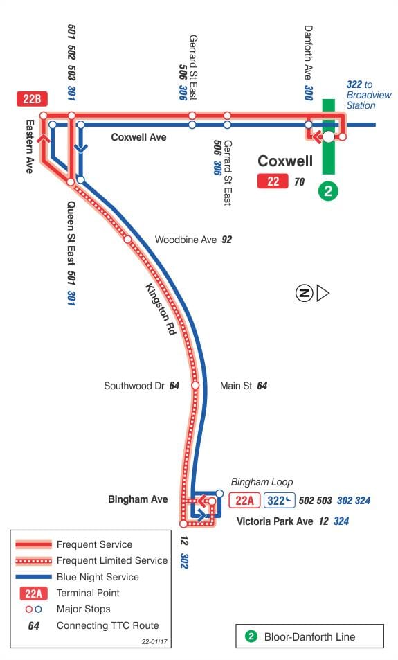 Karta ТТС 22 Коксуэлл autobusne rute Toronto