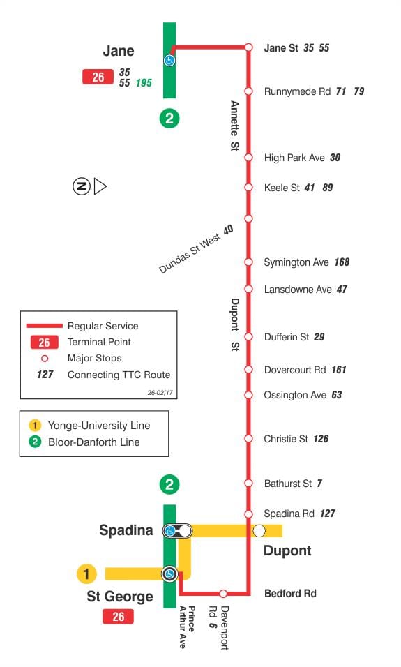 Karta TTC 26 Dupont autobusne rute Toronto