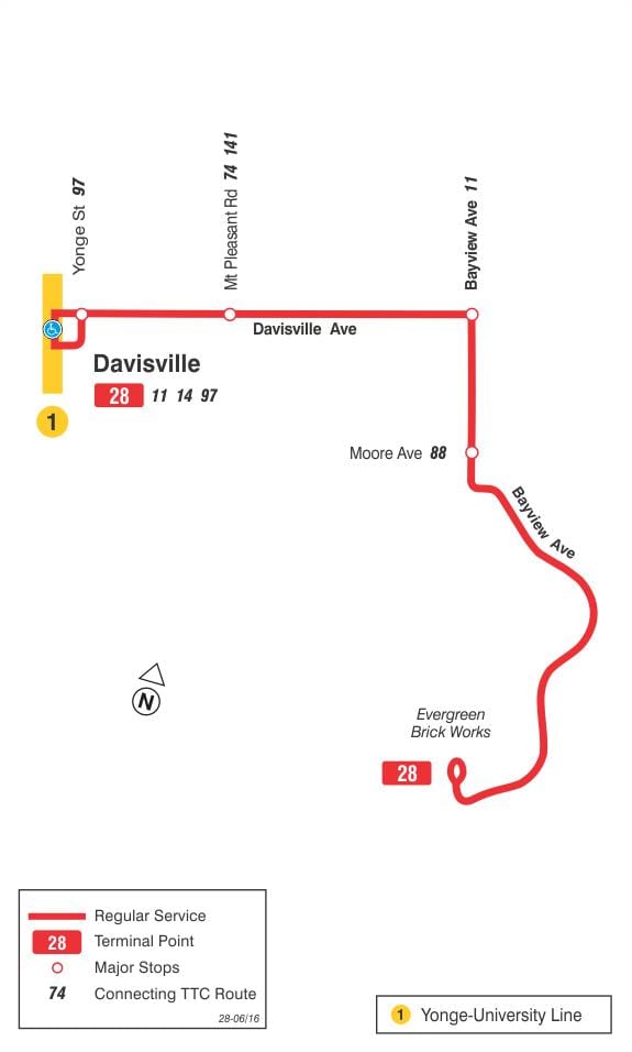 Karta ТТС 28 Бэйвью Južne autobusni rute Toronto