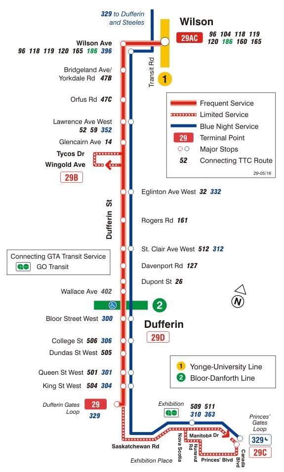 Karta TTC 29 Дафферин autobusne rute Toronto