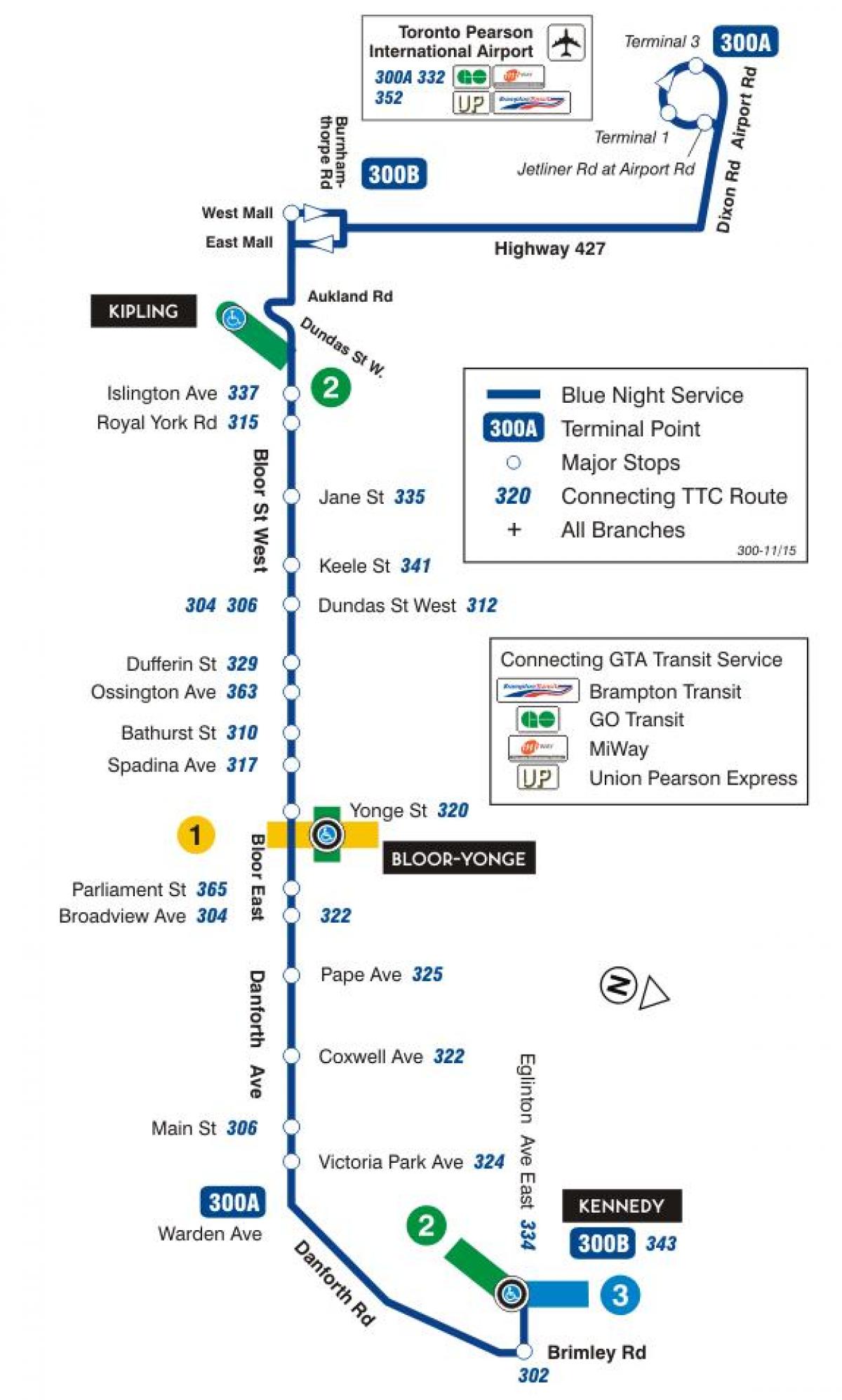 Karta TTC 300А Bloor-Danforth autobusne rute Toronto