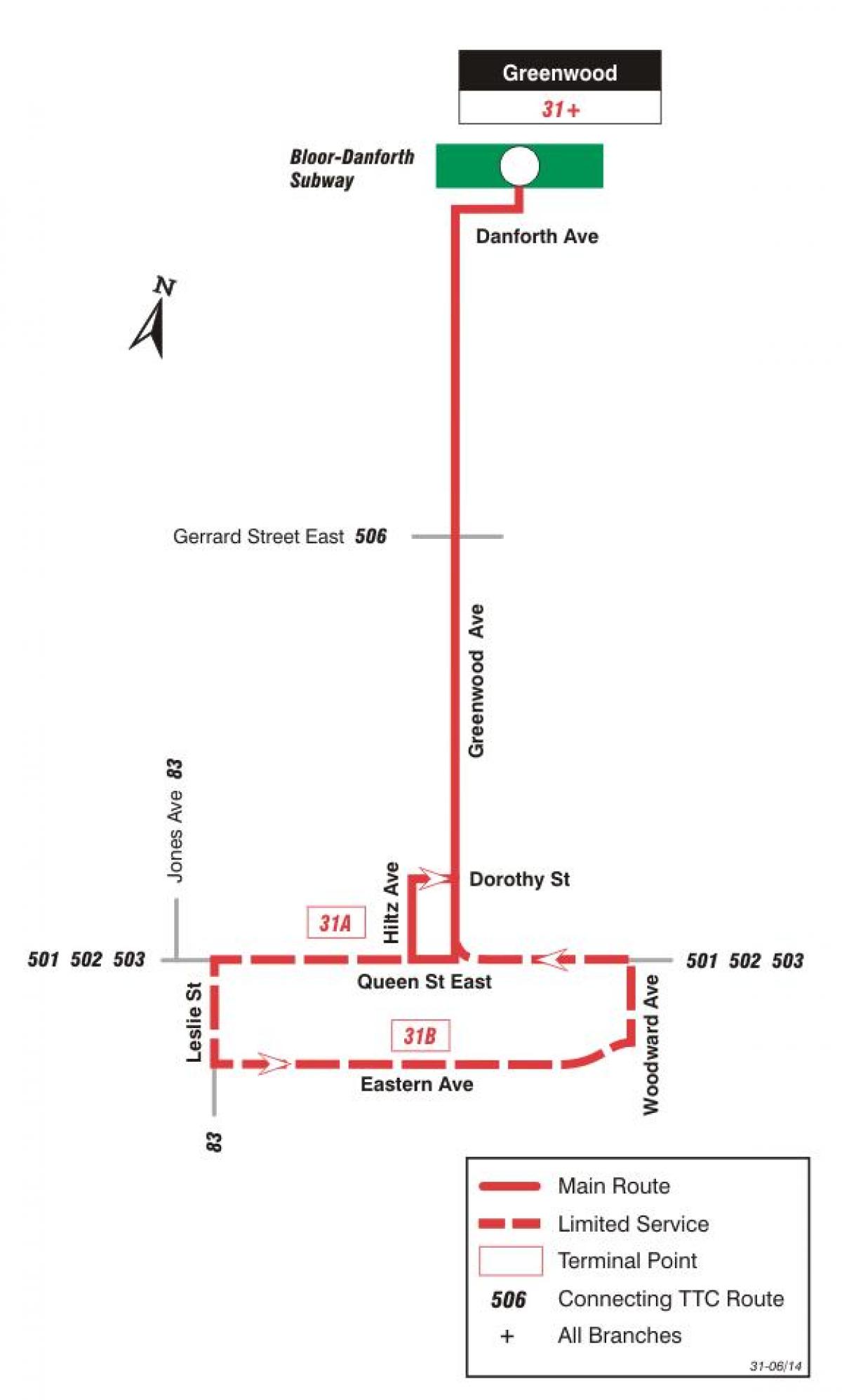 Karta TTC 31 Greenwood autobusne rute Toronto