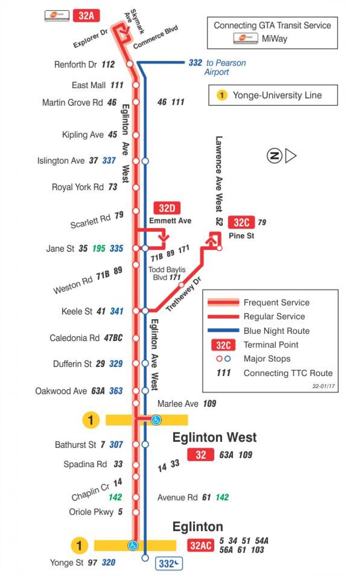 Karta TTC 32 Эглинтон West autobusne rute Toronto