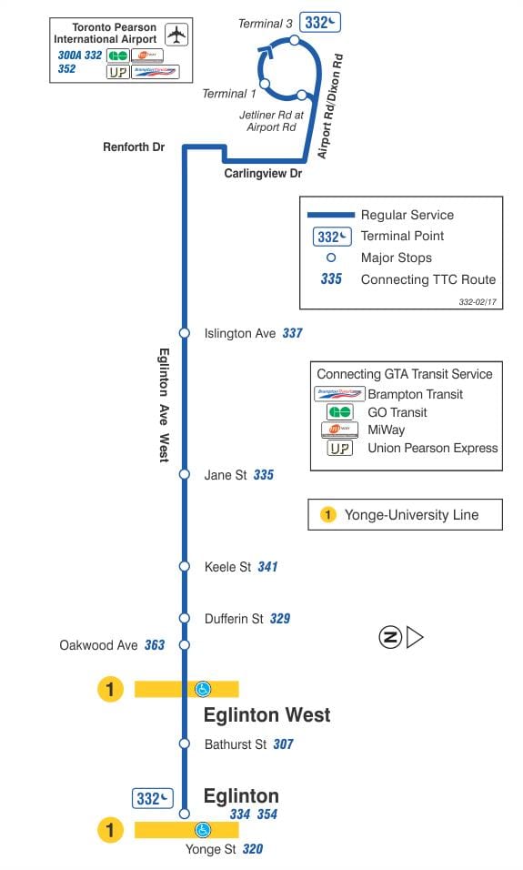 Karta TTC 332 Эглинтон West autobusne rute Toronto