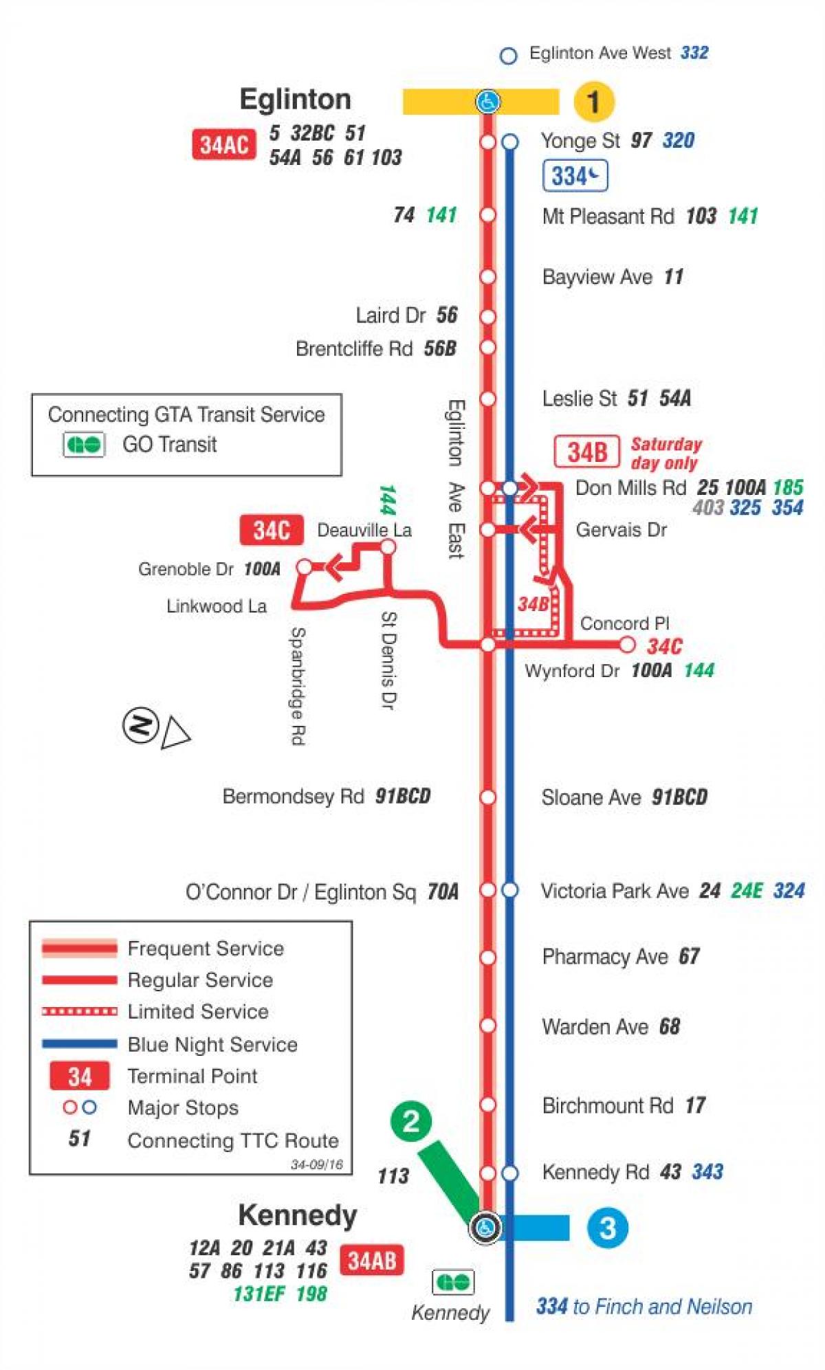 Karta TTC 34 Эглинтон Istočne autobusne rute Toronto