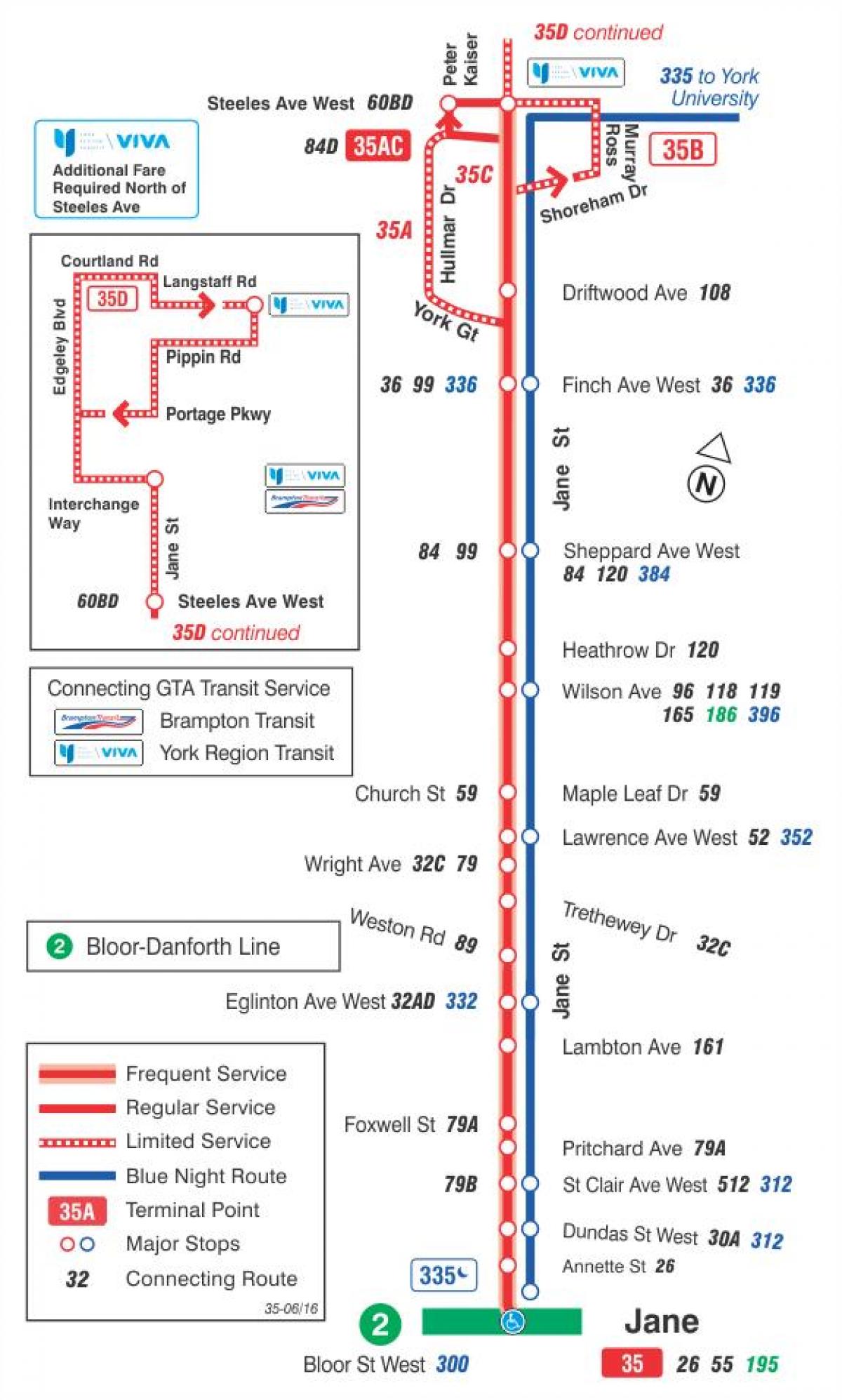 Karta TTC 35 Jane autobusne rute Toronto