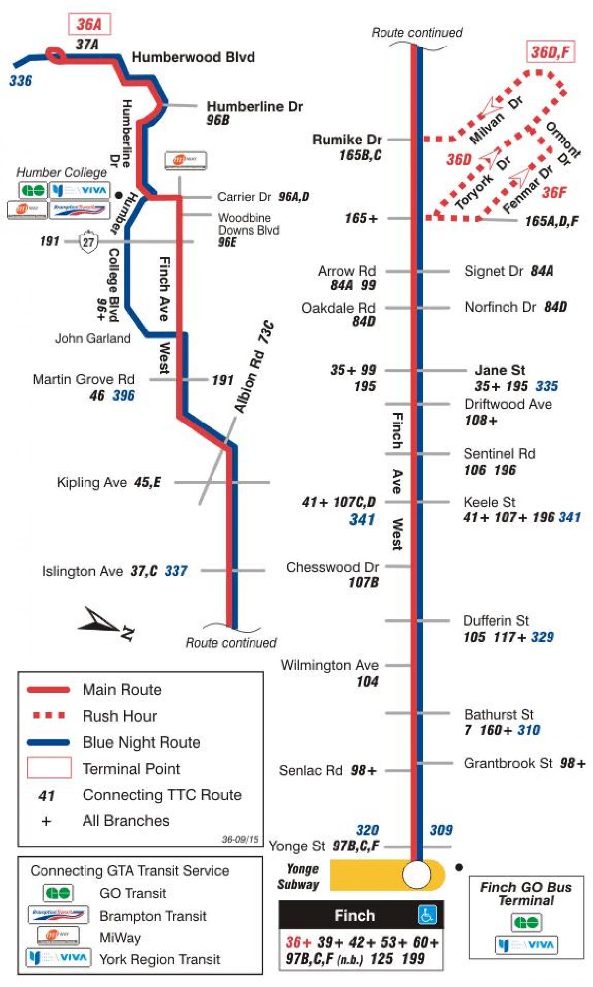 Karta ТТС 36 Finch Zapadne autobusne rute Toronto