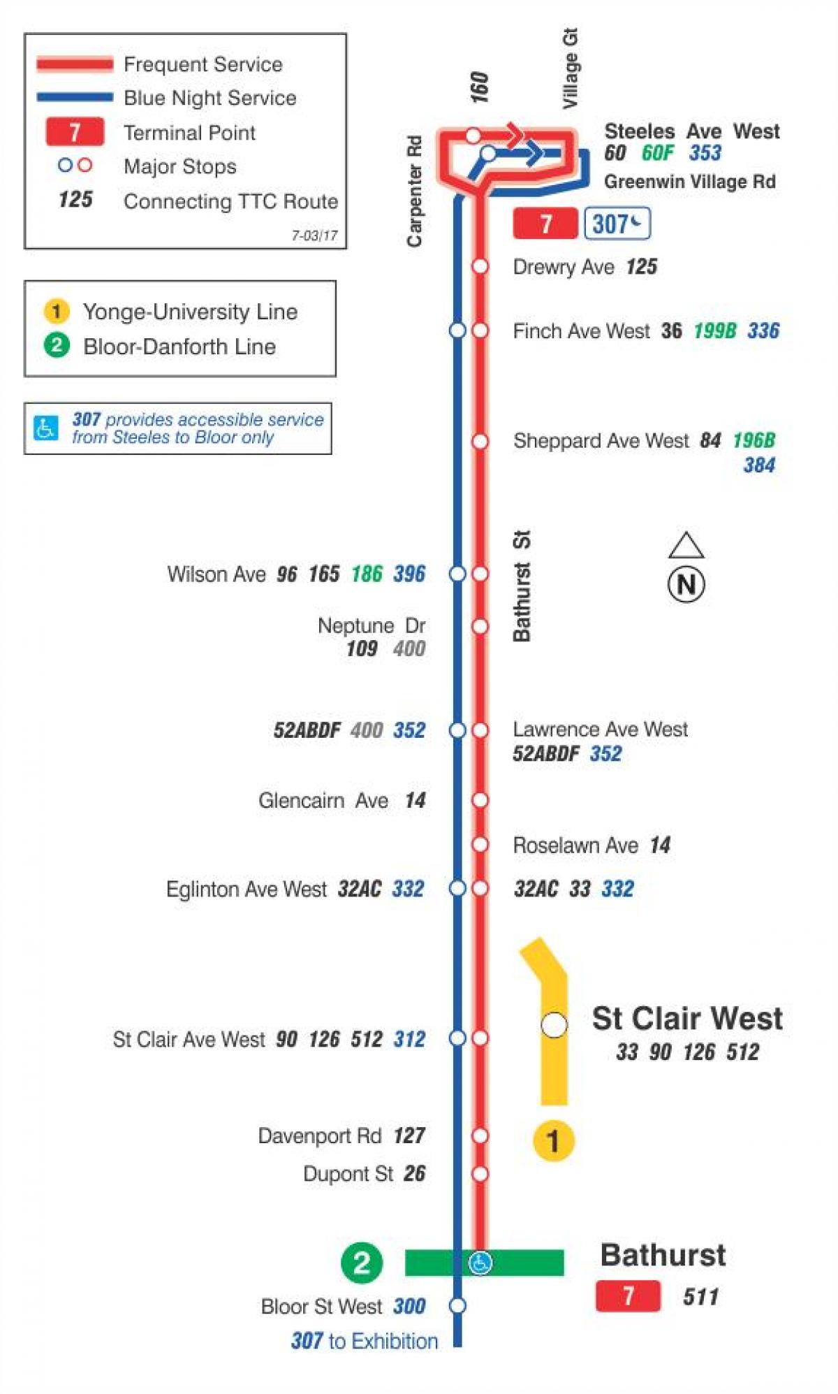 Karta TTC 7 Bathurst autobusne rute Toronto