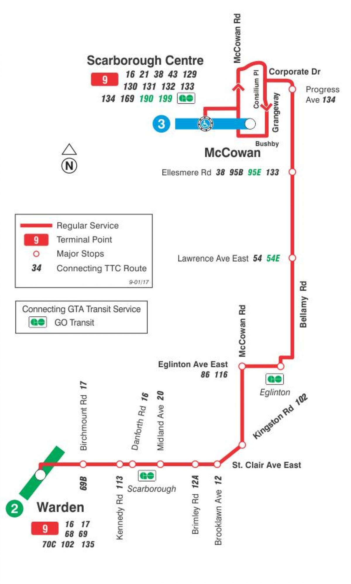 Karta TTC 9 Bellamy autobusne rute Toronto