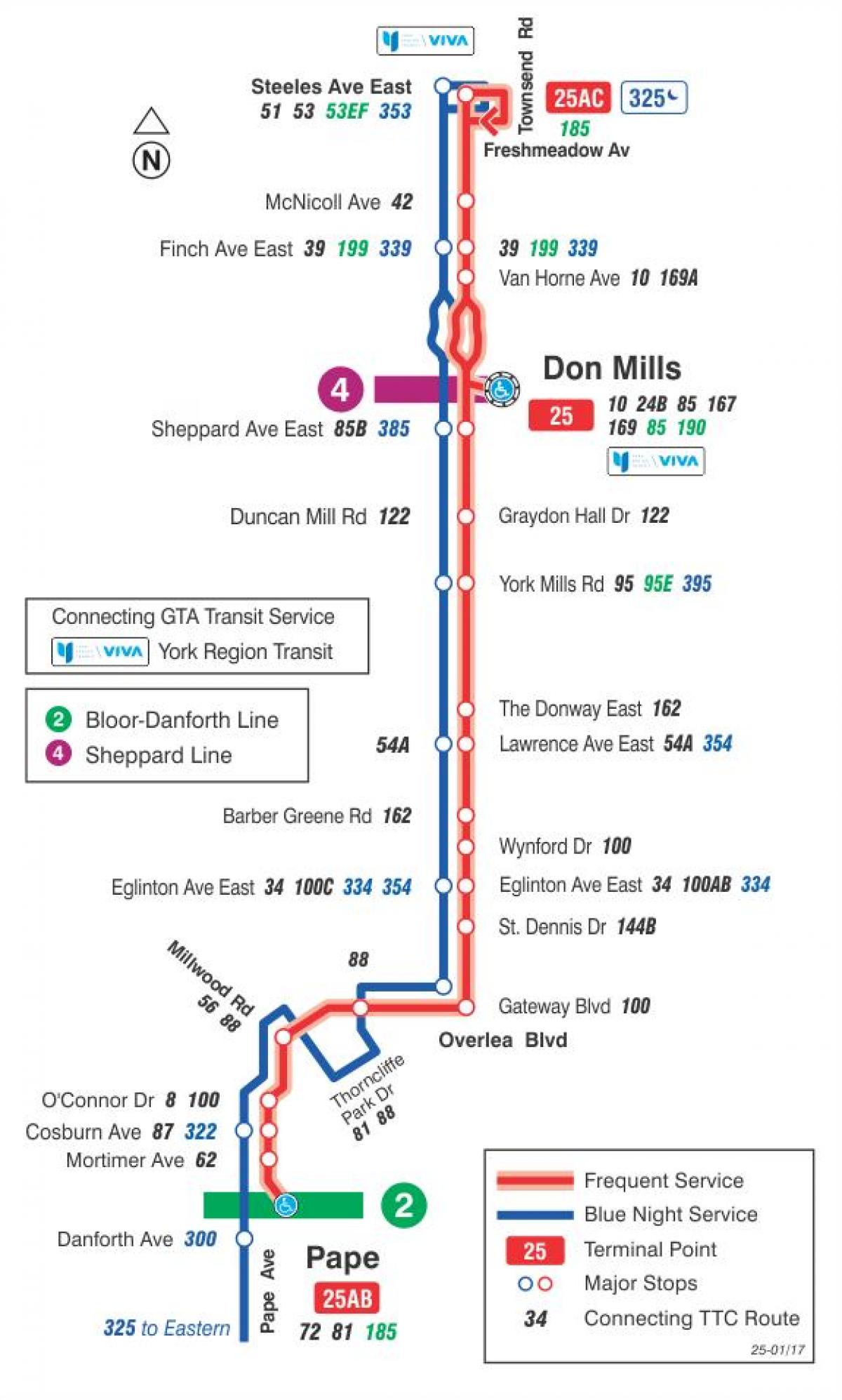 Karta ТТС 25 Don Mills autobusne rute Toronto