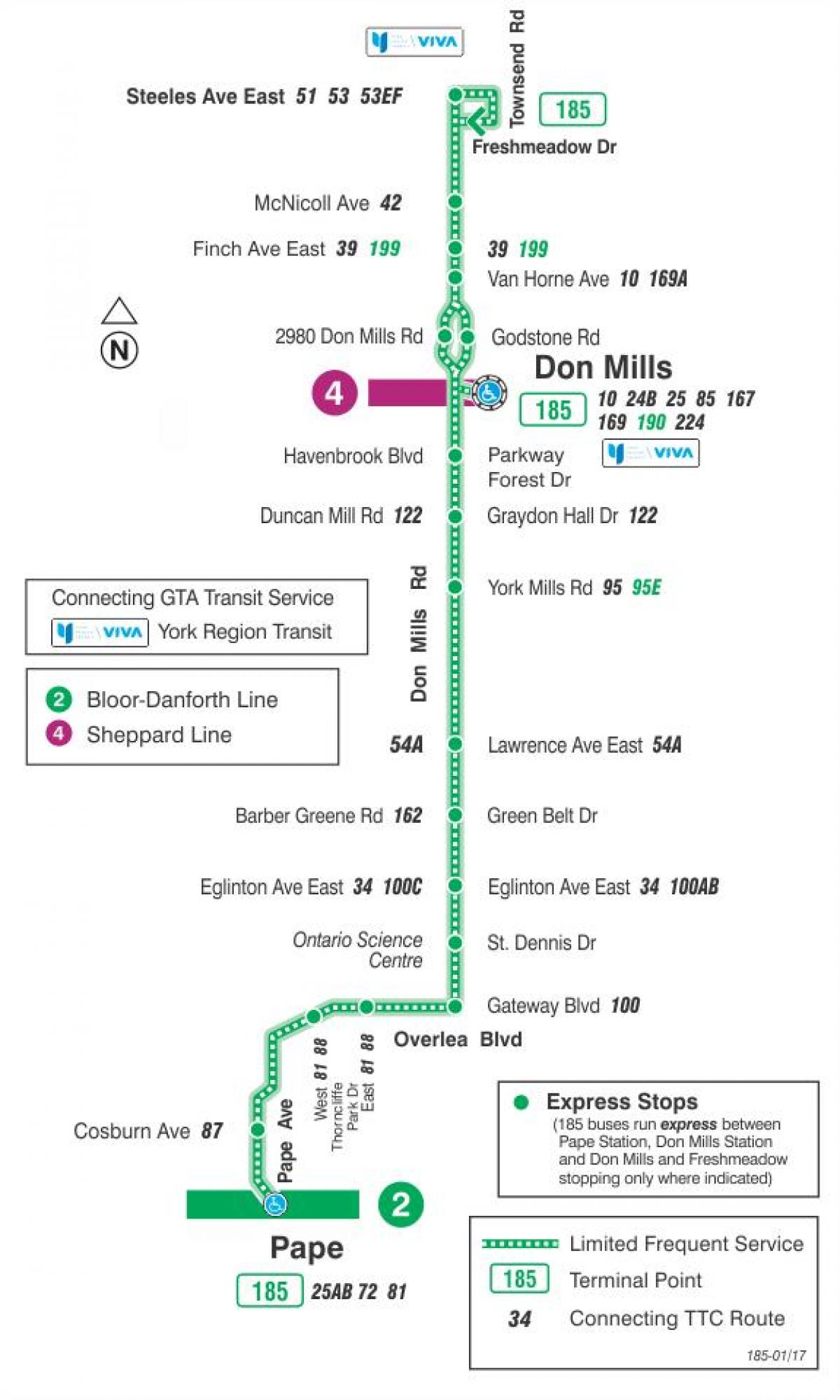 Karta TTC 185 Don Mills rakete autobusne rute Toronto