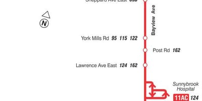 Karta TTC 11 Бэйвью autobusne rute Toronto