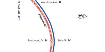 Karta ТТС 22 Коксуэлл autobusne rute Toronto