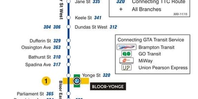 Karta TTC 300А Bloor-Danforth autobusne rute Toronto