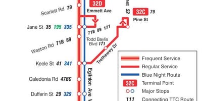 Karta TTC 32 Эглинтон West autobusne rute Toronto