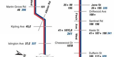 Karta ТТС 36 Finch Zapadne autobusne rute Toronto