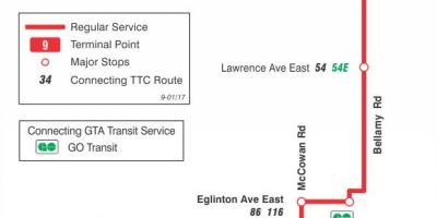 Karta TTC 9 Bellamy autobusne rute Toronto